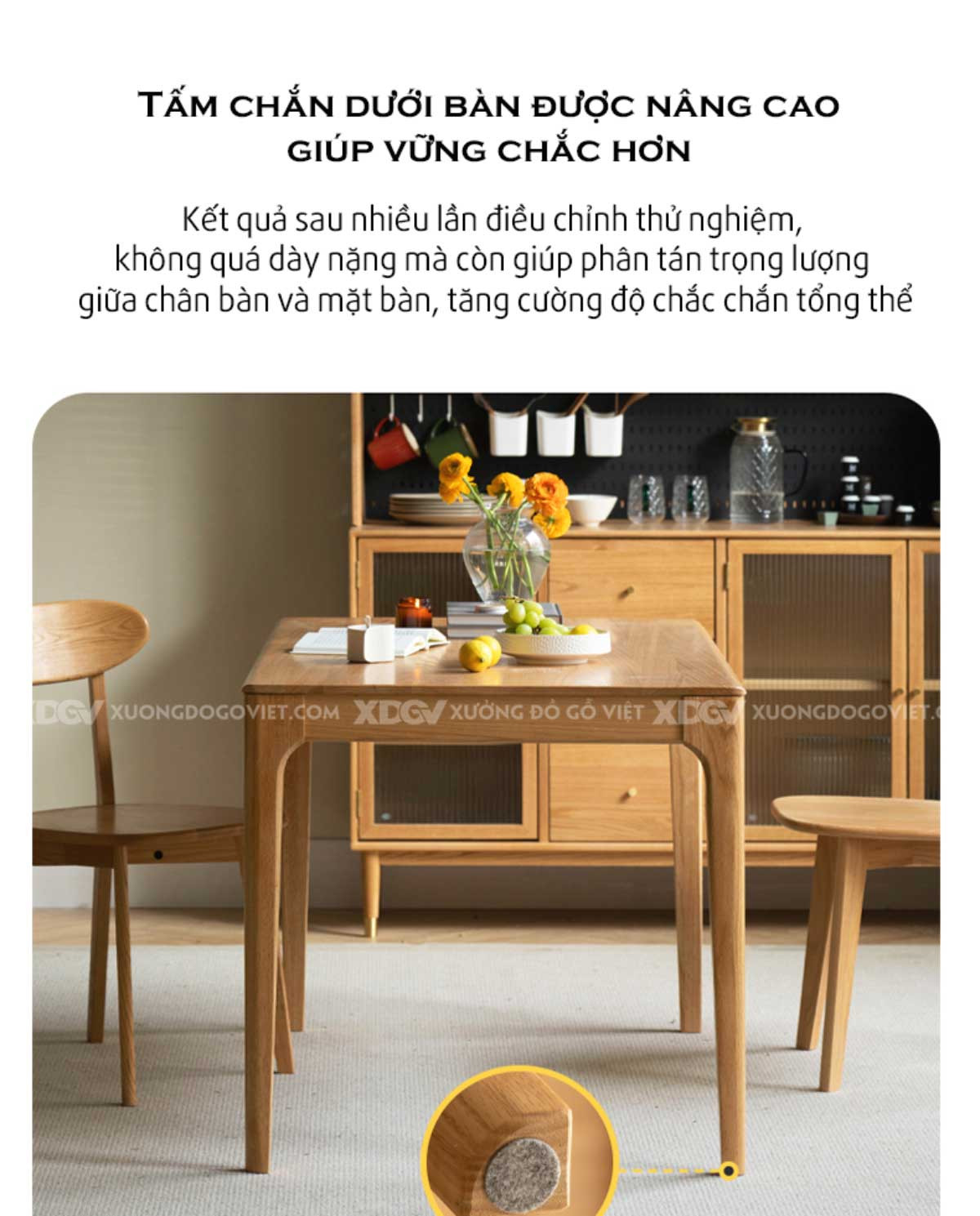 Gầm bàn gỗ 4 chân rộng rãi, tối ưu không gian cho người sử dụng