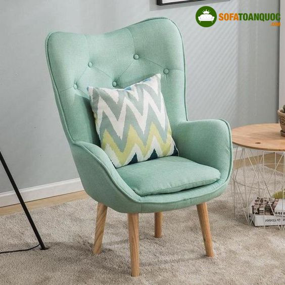 Ghế bành đơn lưng cao màu xanh ngọc thanh lịch, chân gỗ tự nhiên