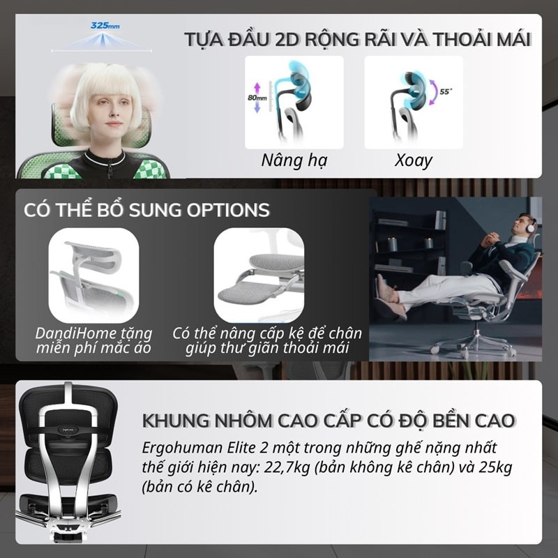 Ghế công thái học Ergohuman Elite 2 bảo vệ cột sống