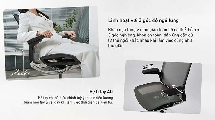 Ghế công thái học HyperWork Sleek HPW OC01 màu đen với chế độ ngả lưng thư giãn