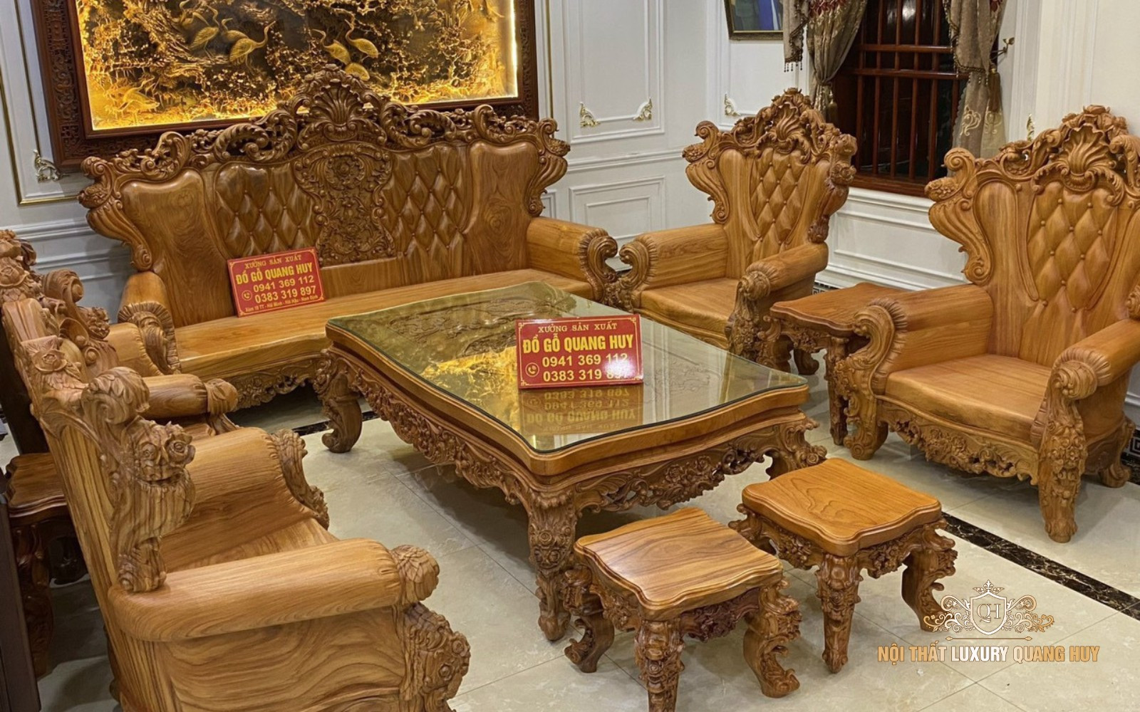 Ghế dài lớn trong bộ bàn ghế hoàng gia gỗ gõ đỏ nguyên khối chạm hoa hồng