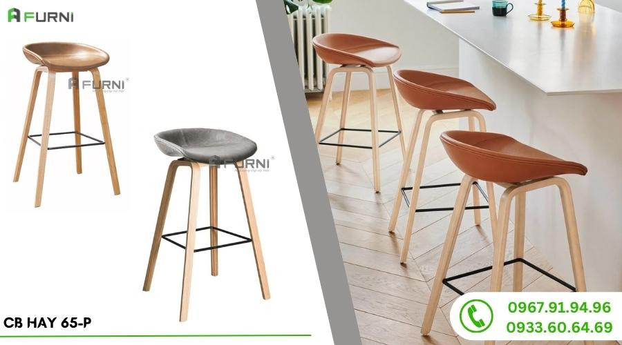 Ghế gỗ bàn đảo bếp nệm da simili chân cố định CB HAY 65-P