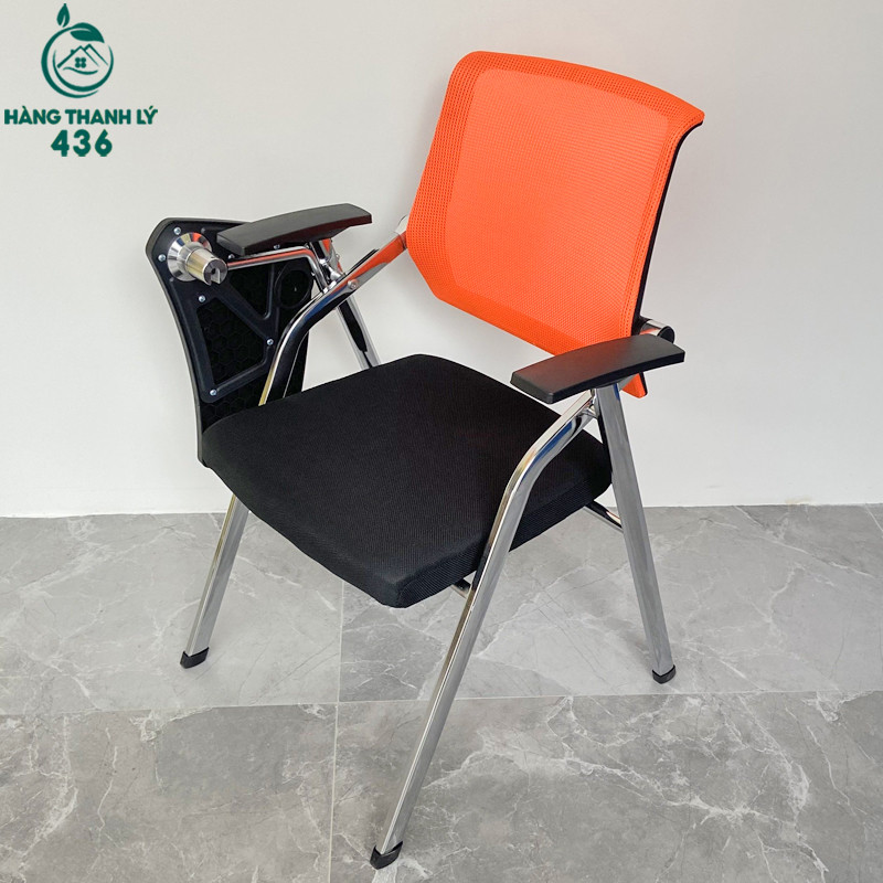 ghế liền bàn thanh lý cao cấp với lưng lưới màu cam và nệm đen