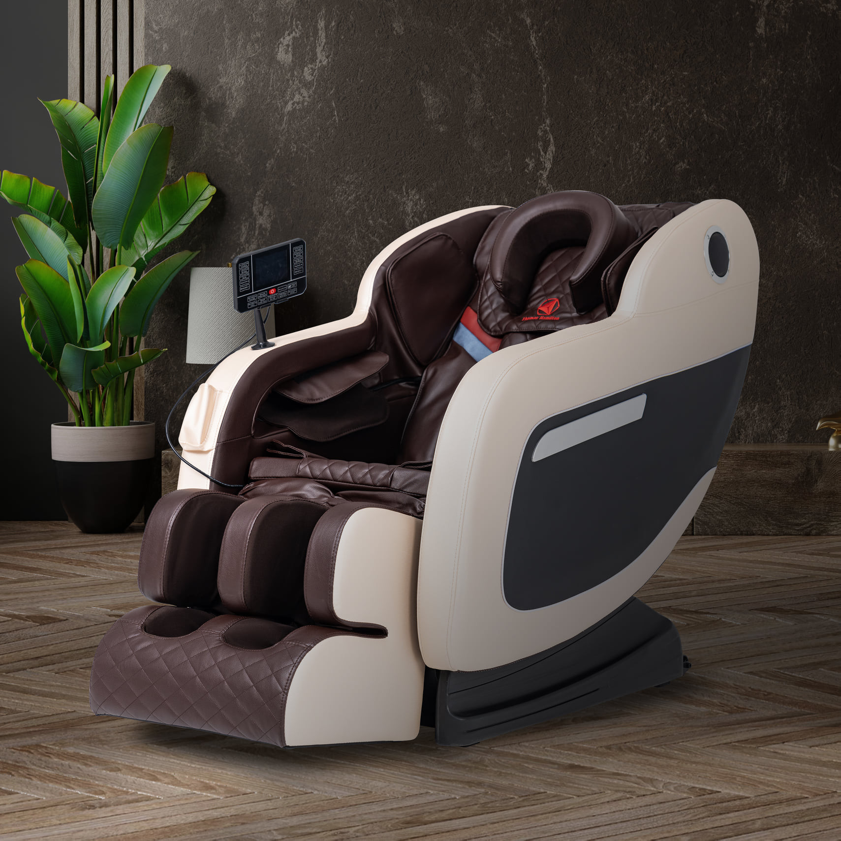 Ghế massage Hamilton J9 màu nâu đặt trong không gian phòng khách tiện nghi, mang lại sự thư giãn tối ưu.