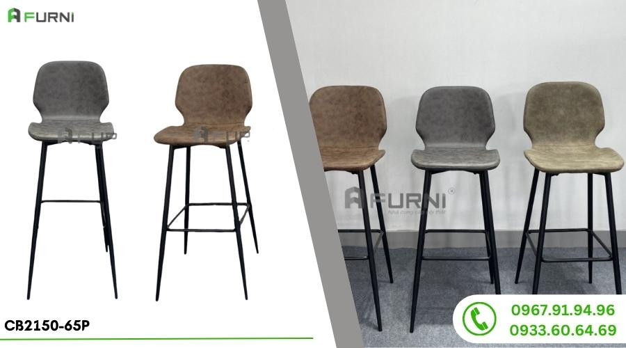 Ghế ngồi bàn đảo bếp lưng cao bọc da chân sắt cố định CB2150-65P