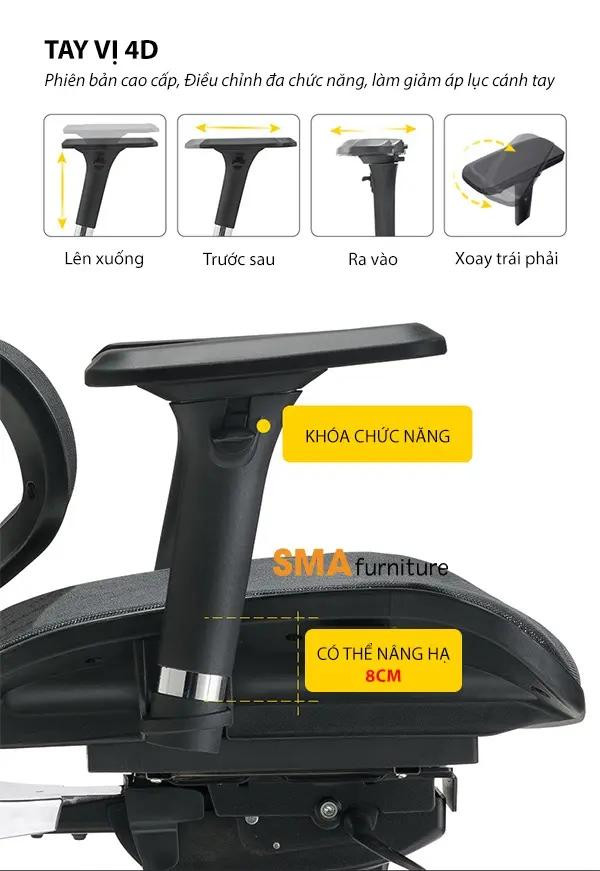 Ghế ngồi máy tính không đau lưng với tựa tay 3D, 4D giúp điều chỉnh linh hoạt, giảm áp lực lên cánh tay và vai.
