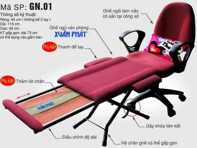 Ghế ngủ trưa ở văn phòng Xuân Phát GN01 tiện lợi khi kết hợp với ghế xoay