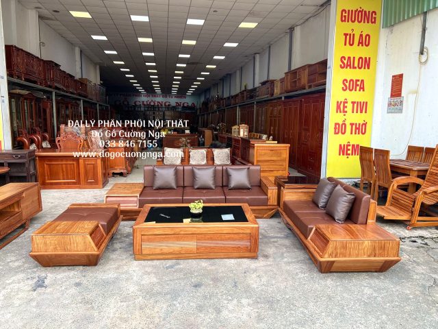 Ghế sofa 2 văng gỗ hương đá hiện đại