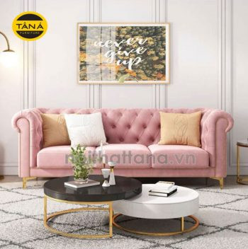 Ghế sofa băng tân cổ điển bọc vải màu hồng mềm mại