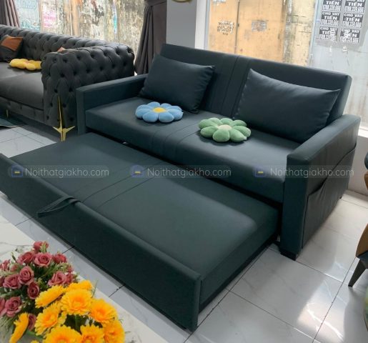 Ghế sofa giường thông minh đa năng với tông màu xám hiện đại, phù hợp không gian phòng khách nhỏ.
