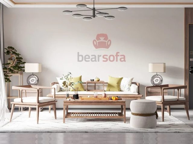 Ghế sofa gỗ hiện đại có miếng lót ghế gỗ màu xám ấm cúng