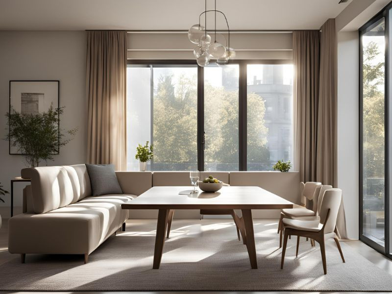 Ghế sofa kiêm bàn ăn với thiết kế độc đáo, màu be trang nhã tạo điểm nhấn cho không gian phòng khách.