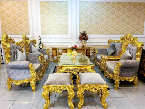 Ghế sofa tân cổ điển bọc vải nhung dệt kim, chạm khắc vàng cao cấp