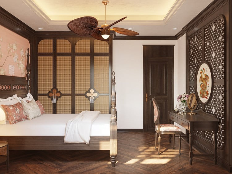 Ghế Thonet gỗ uốn cong kiểu dáng mềm mại trong phòng ngủ Indochine