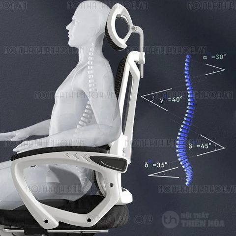 Ghế văn phòng có thể nằm với chế độ ngả lưng sâu và gác chân tiện lợi, giúp người dùng thư giãn tối đa sau giờ làm việc căng thẳng.