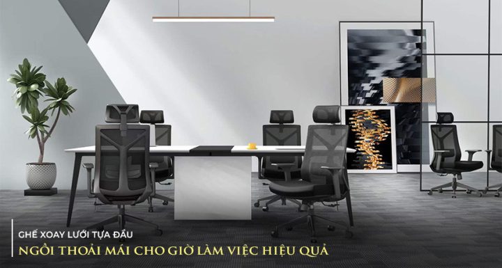 Ghế xoay có tựa đầu lưới màu xám đen với thiết kế ergonomic hiện đại