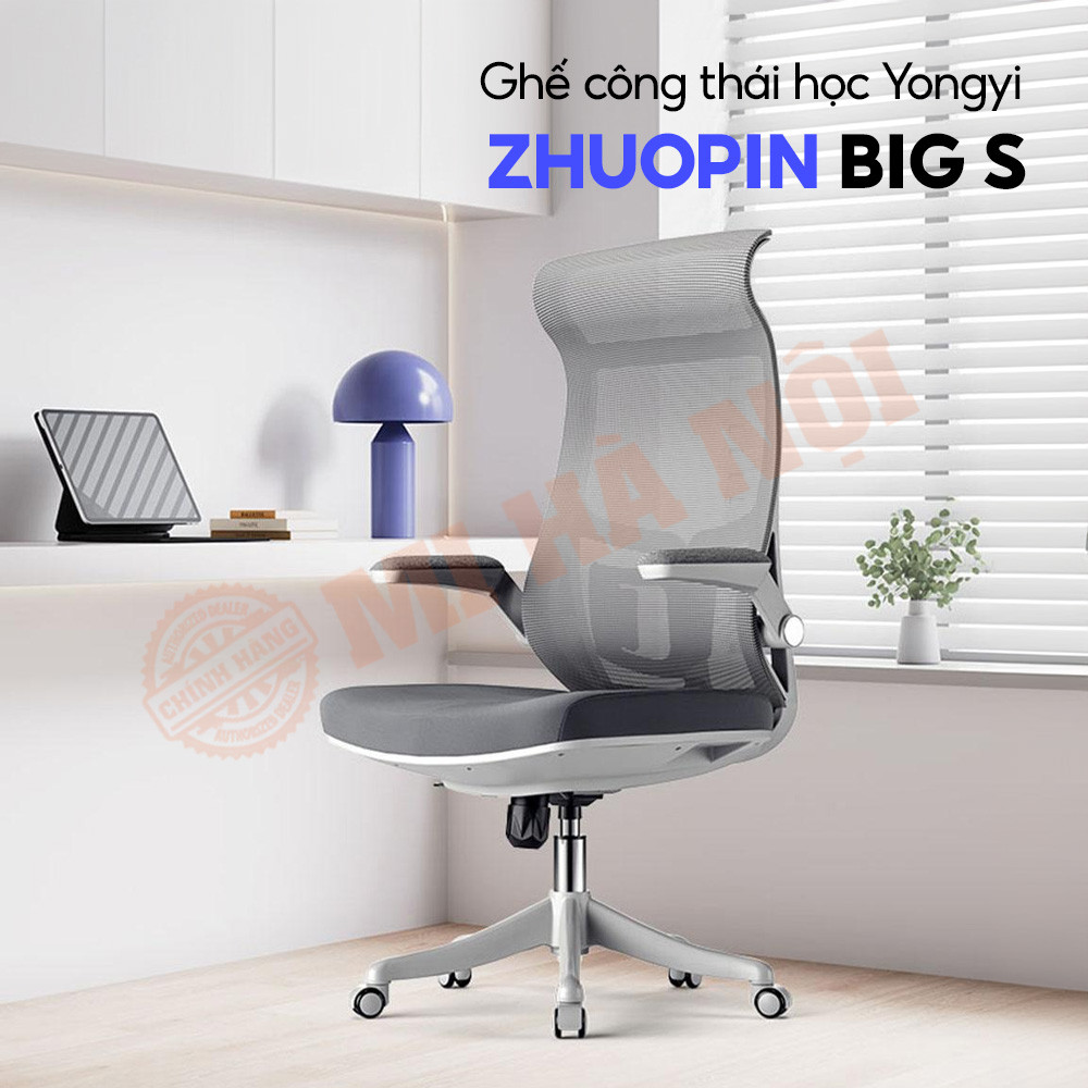 Ghế xoay công thái học Yongyi Zhuopin Big S màu trắng với tựa lưng lưới và tay vịn gập