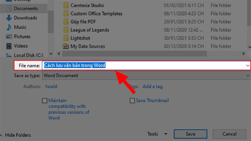 Giao diện Save As để lưu file Word