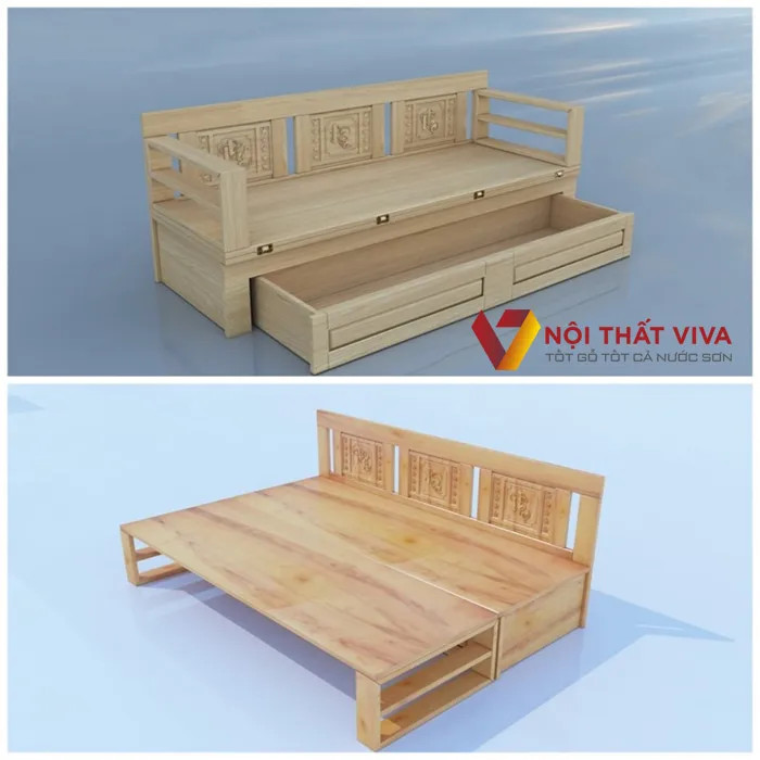 Giường gấp thành ghế sofa gỗ Sồi có hộc tủ tiện lợi
