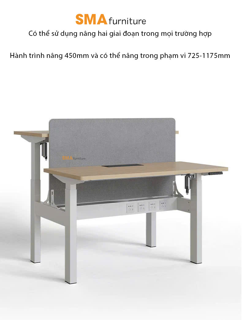 Hai người đang làm việc tại bàn làm việc đôi có tính năng nâng hạ