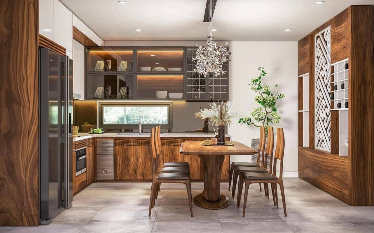 Hình ảnh bàn ăn và ghế ăn trong phòng ăn hiện đại, minh họa kích thước tiêu chuẩn.