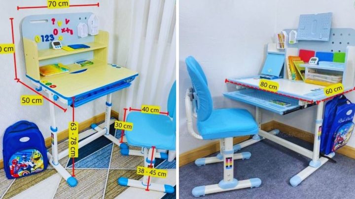 Hình ảnh bé ngồi học trên bàn học sinh cấp 1 với chiều cao phù hợp.