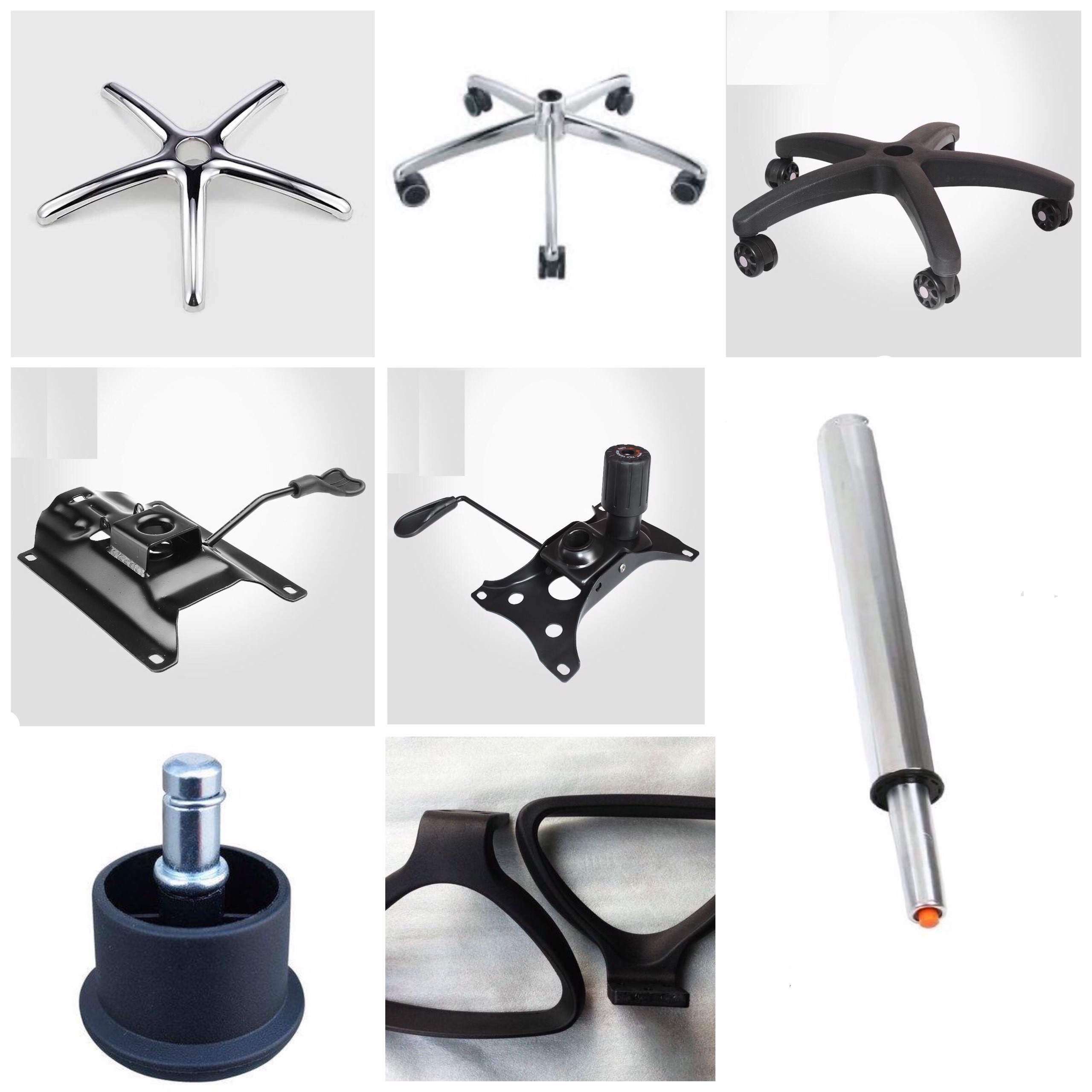 Hình ảnh các linh kiện thay thế như mâm ghế, piston, và chân ghế, cần thiết khi ghế xoay bị ngửa ra sau không thể sửa chữa.