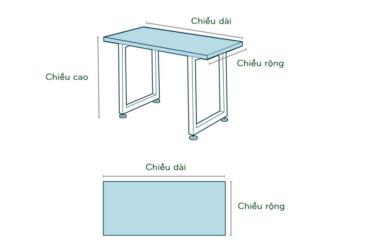 Hình ảnh minh họa kích thước mặt bàn làm việc tiêu chuẩn hình chữ nhật
