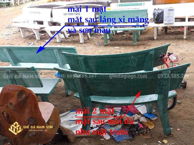 Hình ảnh minh họa sự khác biệt giữa ghế đá xi măng mài 1 mặt và 2 mặt