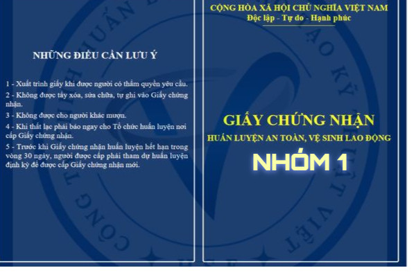 Hình ảnh một chứng chỉ an toàn lao động nhóm 1, cấp cho các cán bộ quản lý