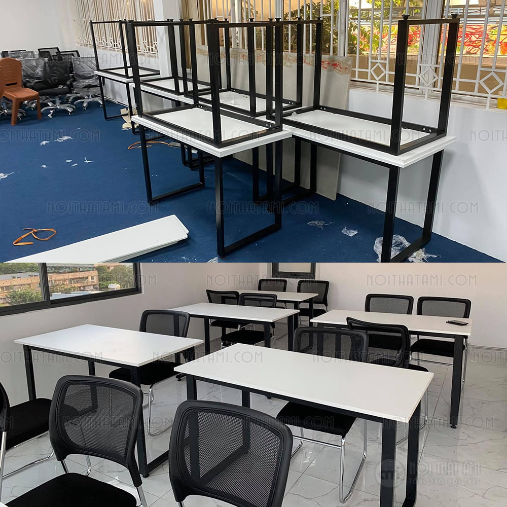 Hình ảnh thực tế bàn làm việc chân sắt chữ U với mặt gỗ MDF