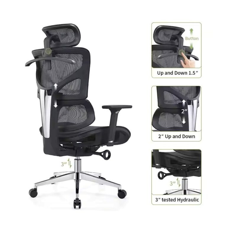 Hình ảnh tổng thể một chiếc ghế ngồi máy tính hiện đại với khả năng điều chỉnh linh hoạt.