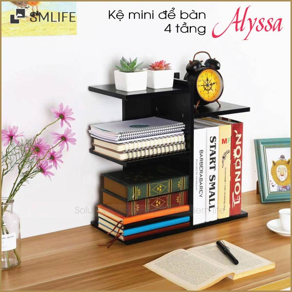 kệ để bàn làm việc đẹp 4 tầng bằng gỗ, kệ sách mini để bàn trang trí không gian học tập