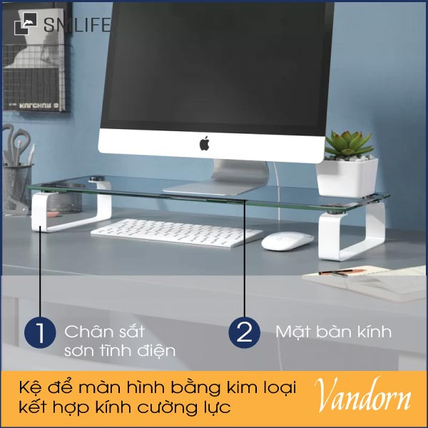 Kệ gỗ để bàn làm việc với mặt kính cường lực và chân kim loại Vandorn