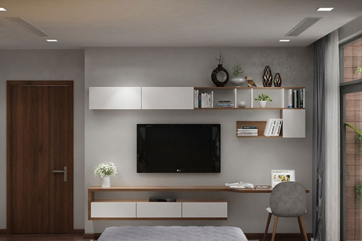 Kệ tivi kèm bàn làm việc cho phòng ngủ có hộc tủ tiện lợi