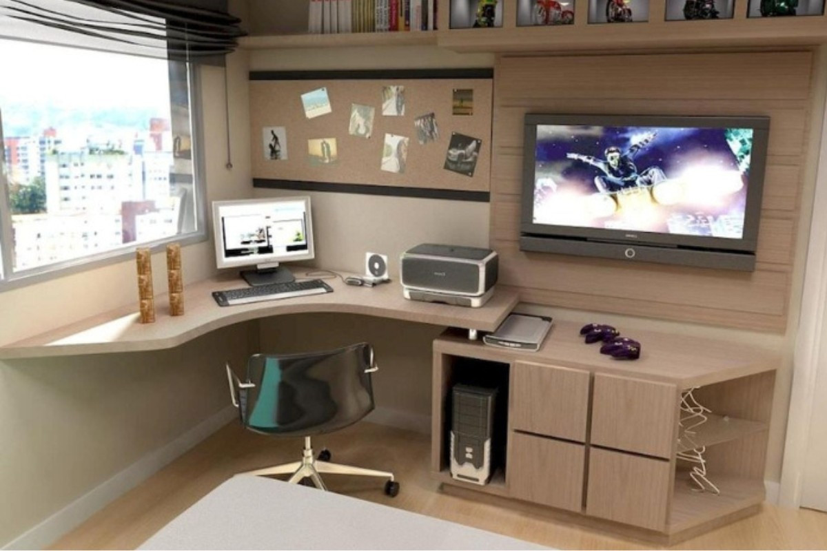 Kệ tivi kết hợp bàn làm việc phòng khách góc chữ L tận dụng không gian