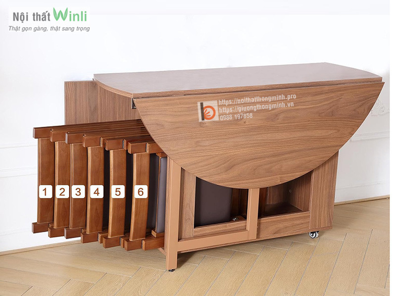 Khả năng lưu trữ tiện lợi của bàn ăn tròn gấp với 4 ghế được cất gọn gàng bên trong.