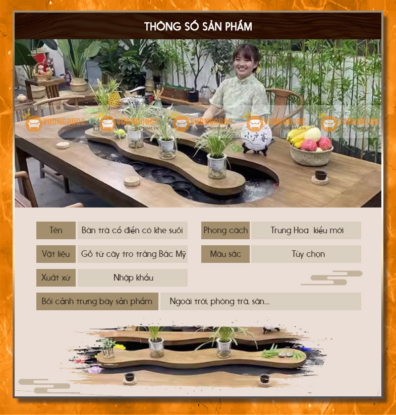 Khay đựng dụng cụ ăn uống hoặc trang trí tinh xảo tích hợp trên bàn ăn có suối