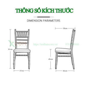 Kích thước chi tiết của ghế nhựa màu trắng, phù hợp cho nhiều không gian sử dụng.