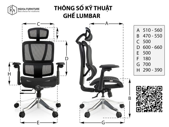 Kích thước chi tiết ghế công thái học SMA Lumbar 03 cho người dùng