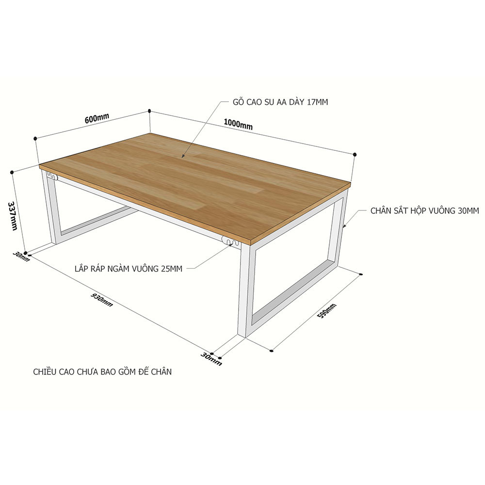 Kích thước mặt bàn làm việc ngồi bệt Siba chân vuông 100x60x35cm