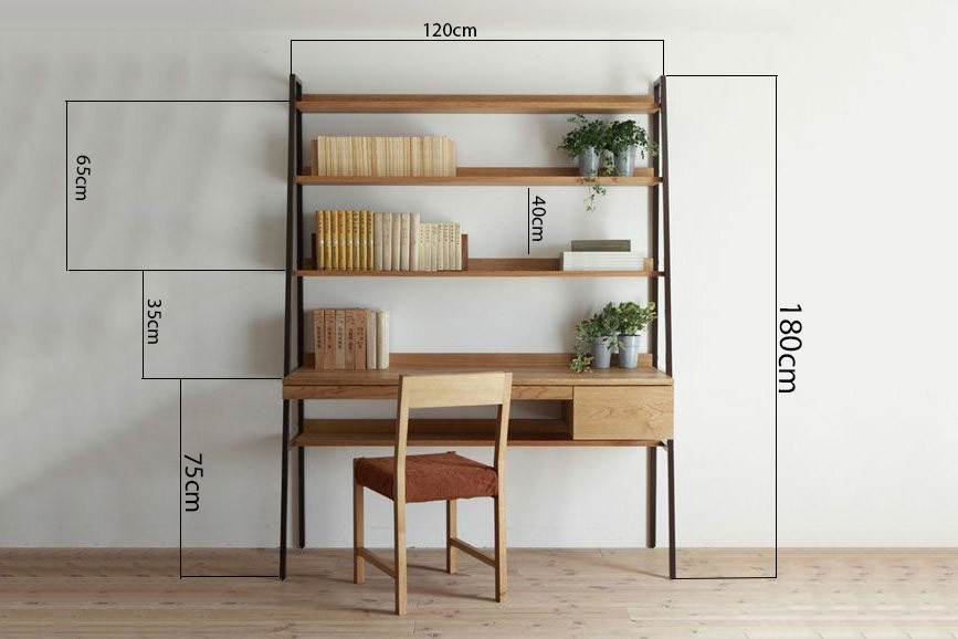 Kích thước mặt bàn làm việc tích hợp kệ sách, tối ưu cho không gian nhỏ