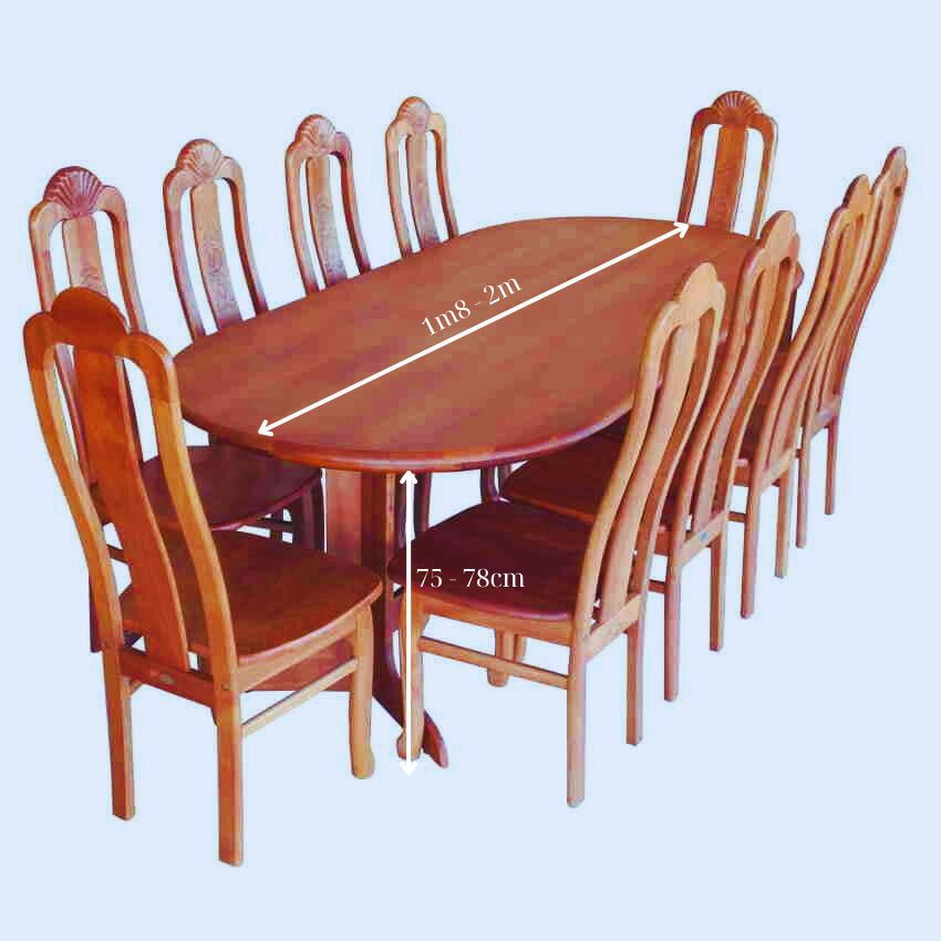 Kích thước tiêu chuẩn của bộ bàn ăn 10 ghế gỗ xoan đào cho phòng ăn rộng rãi.