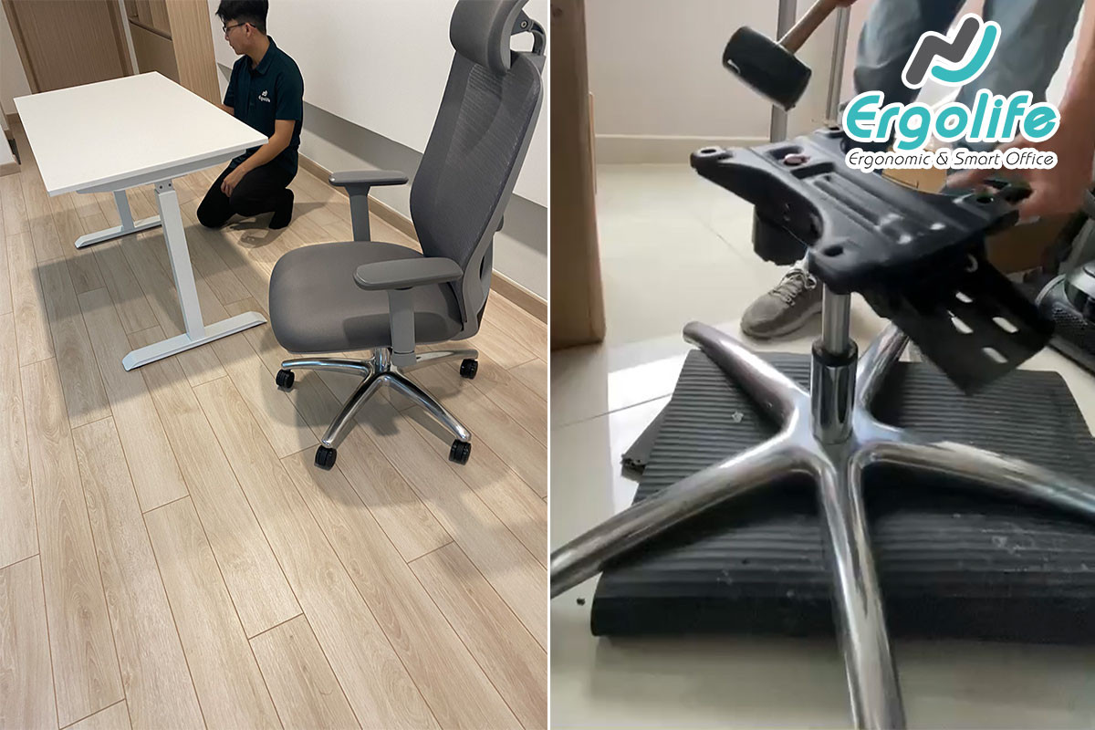 Kỹ thuật viên đang thay lưới ghế công thái học