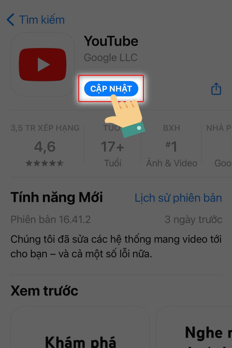 Màn hình điện thoại hiển thị ứng dụng YouTube đang được cập nhật, cho thấy việc giữ ứng dụng và hệ thống luôn mới để tối ưu YouTube phiên bản máy tính trên điện thoại