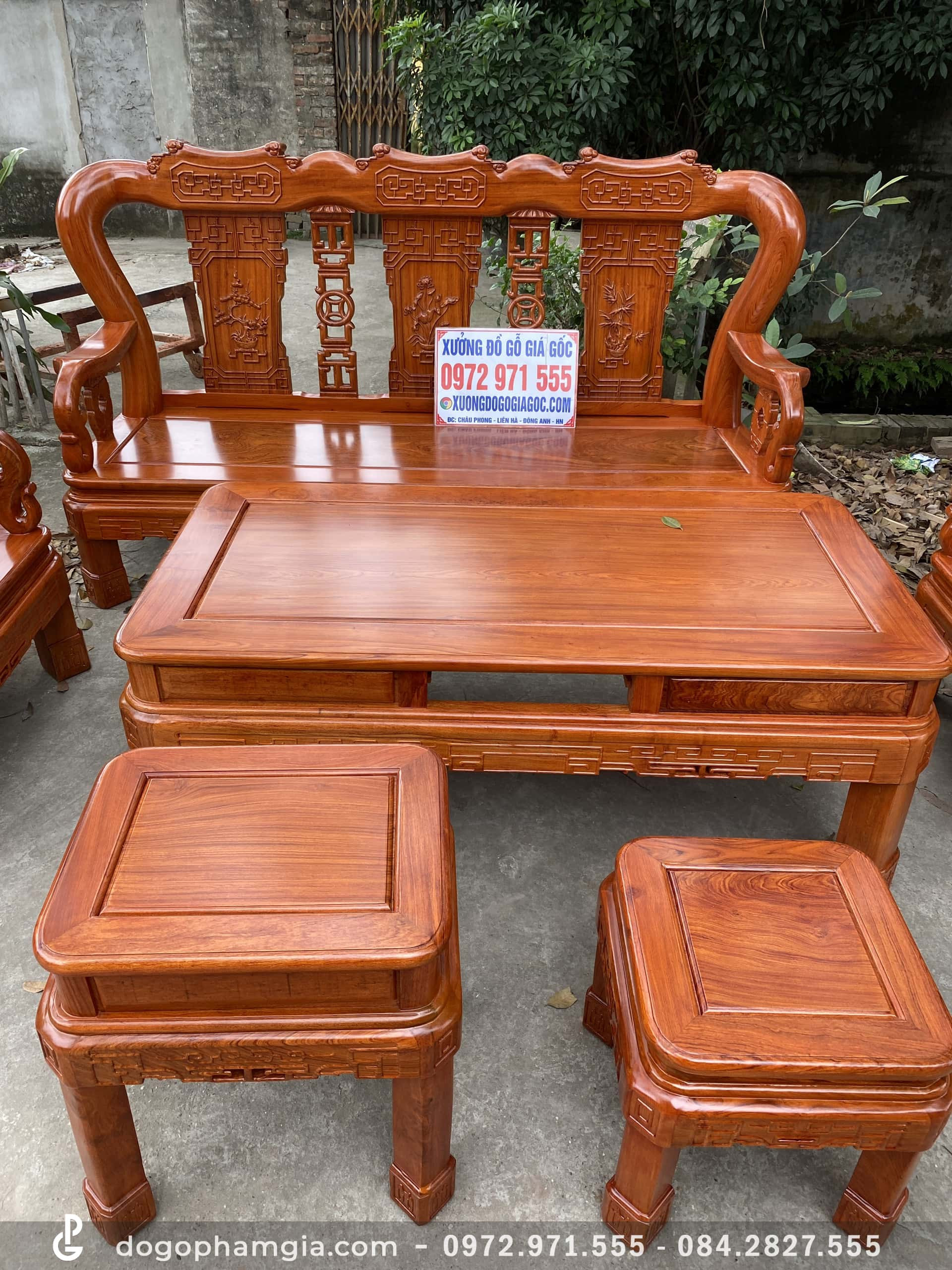 Mặt bàn trà và đôn gỗ hương đá nguyên khối
