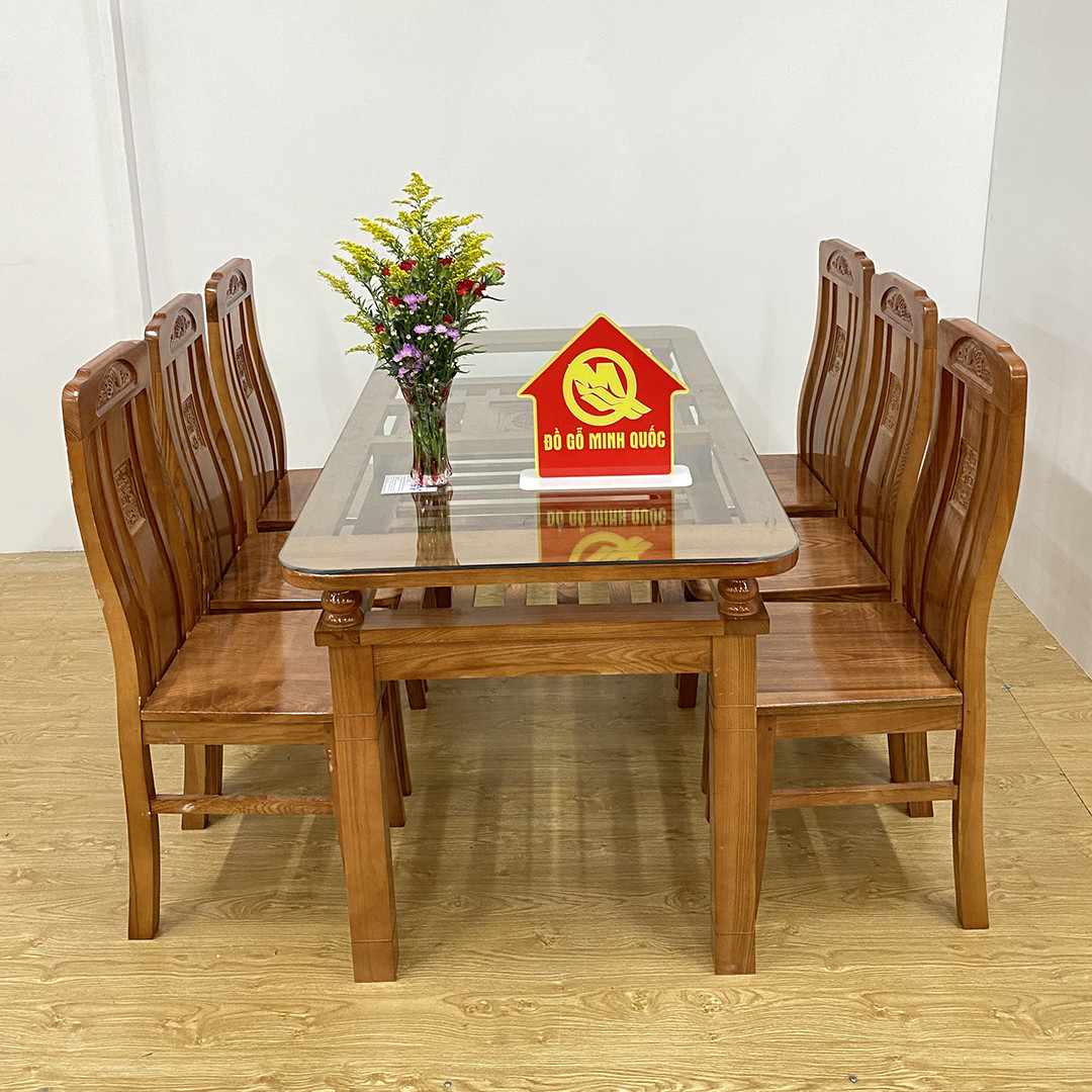 Mẫu bàn ăn 6 ghế gỗ sồi hiện đại với thiết kế 2 tầng tiện lợi