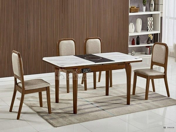 Mẫu bàn ăn gỗ công nghiệp đẹp tích hợp bếp từ, mang lại sự tiện nghi và hiện đại.