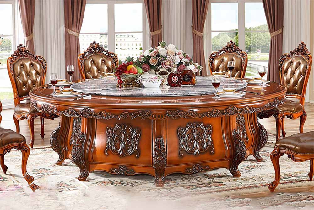 Mẫu bàn ăn tròn xoay đẹp gỗ tự nhiên phong cách tân cổ điển sang trọng