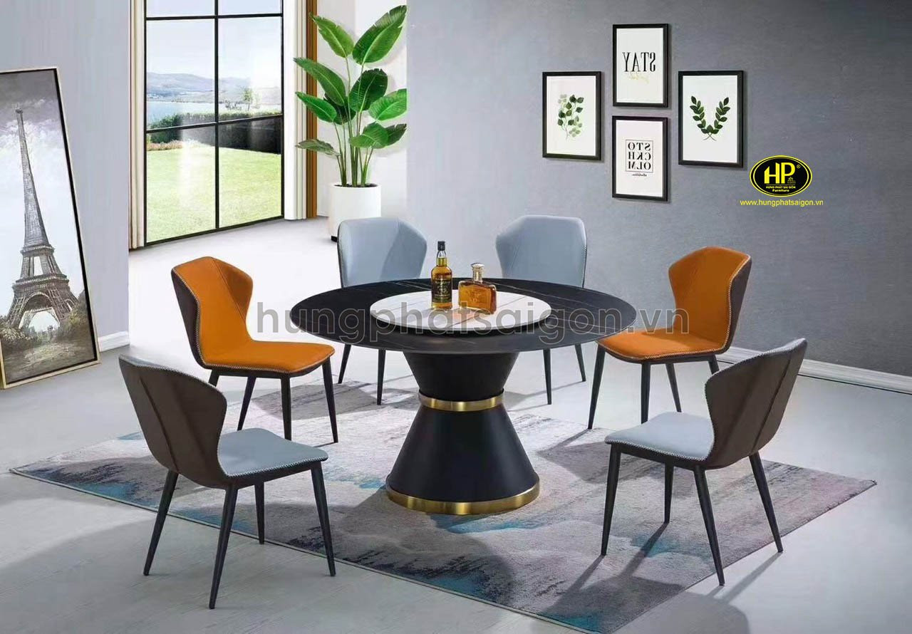 Mẫu bàn ăn tròn xoay mặt kính 6 ghế nhỏ gọn, tinh tế